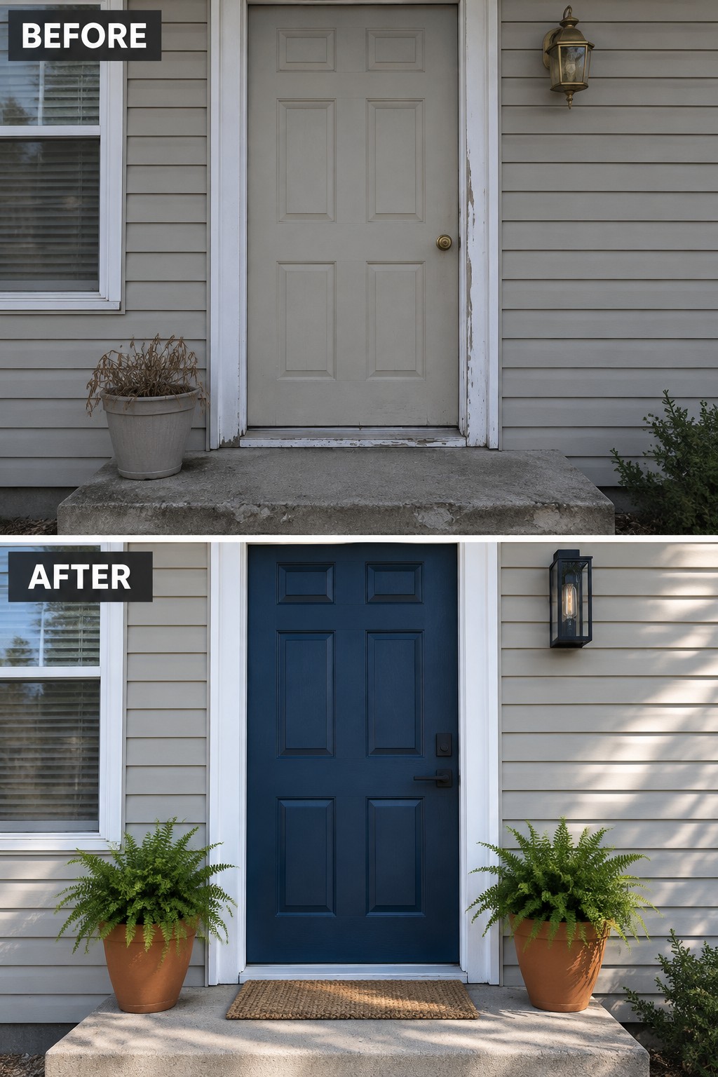 Before-and-after image of a front door changed from light gray to deep navy with new black hardware, planters, and a doormat.