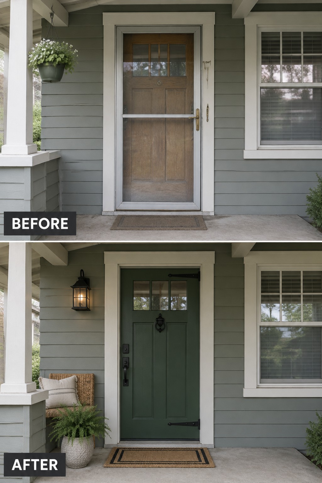 Before and after porch with wooden door painted dark green and new decor