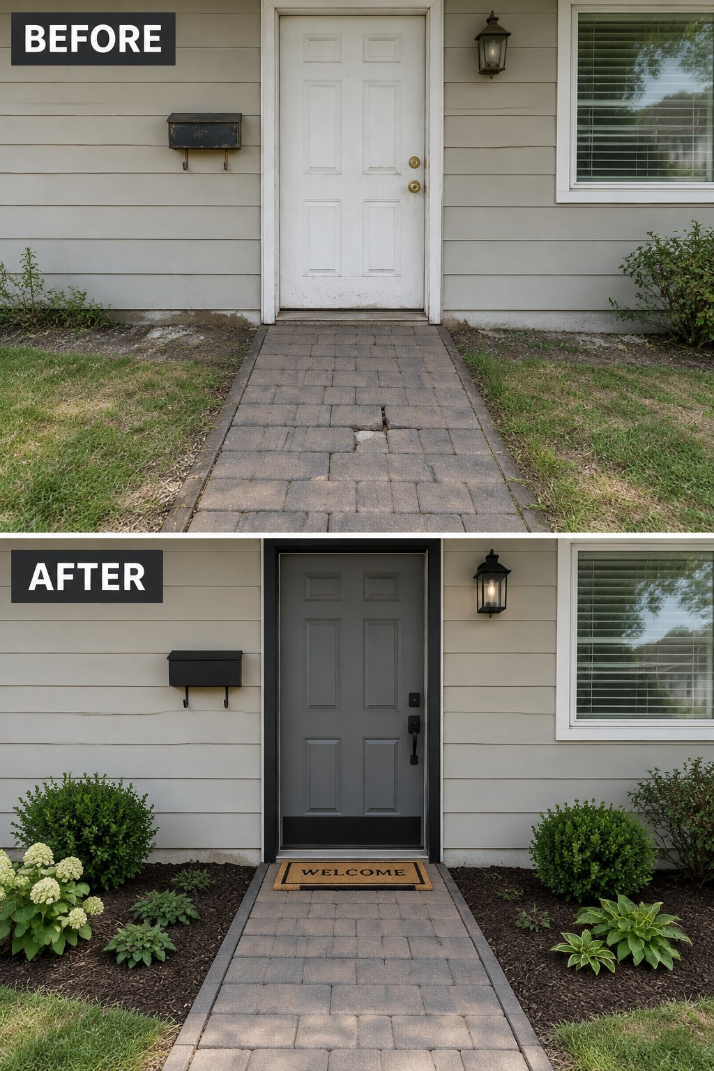 Before-and-after image of a front entry with a white door changed to gray with black trim and hardware, plus a new welcome mat and refreshed landscaping.