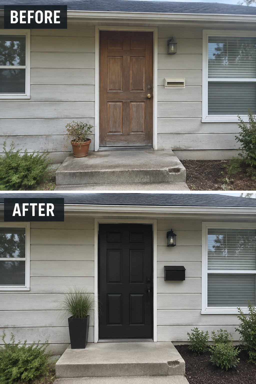 Before-and-after image of a house front entry with a brown wooden door changed to a black door with updated black hardware and a modern black planter.
