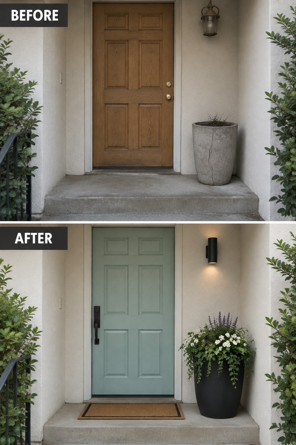 Before-and-after image of a front door entry updated with painted sage green door, black hardware, new light fixture, and fresh planter.