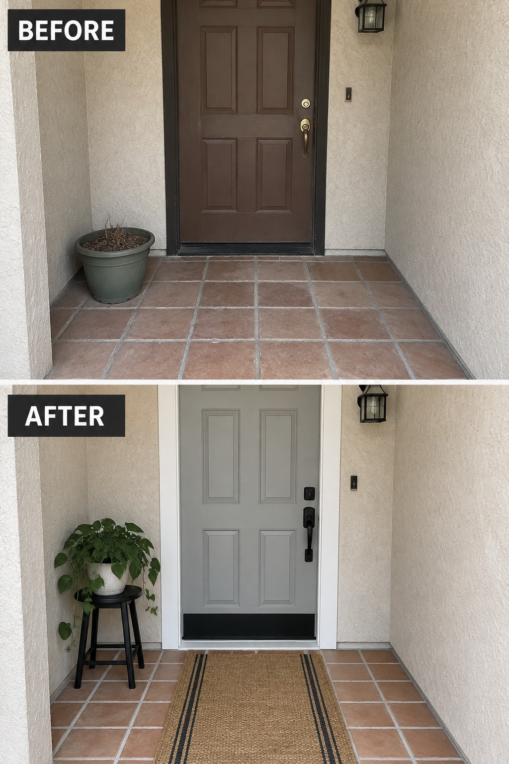 Before-and-after image of a brown front door painted gray with new black hardware, a striped rug, and a potted plant on a stool.