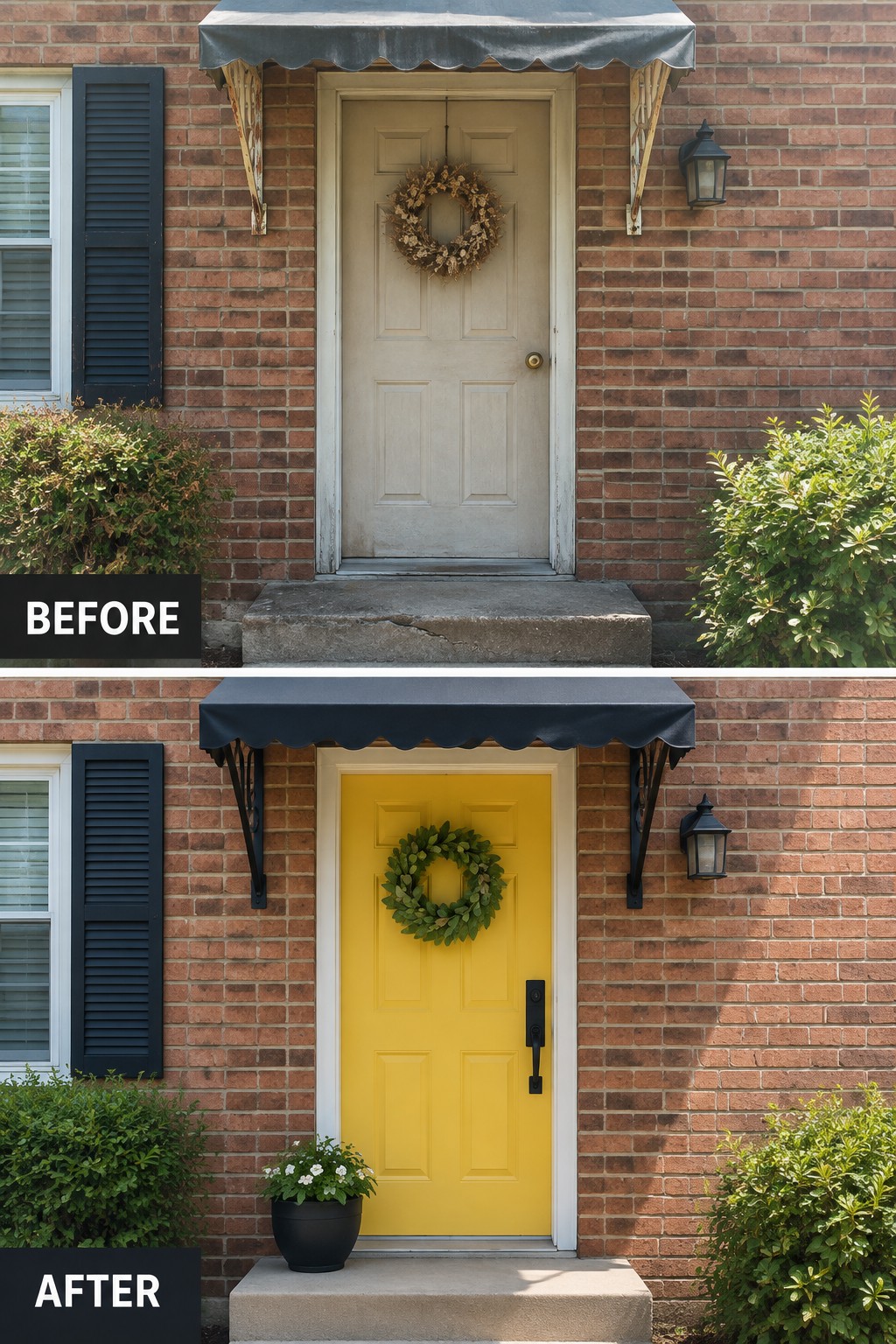 Before and after of beige door repainted yellow with new awning on brick house.