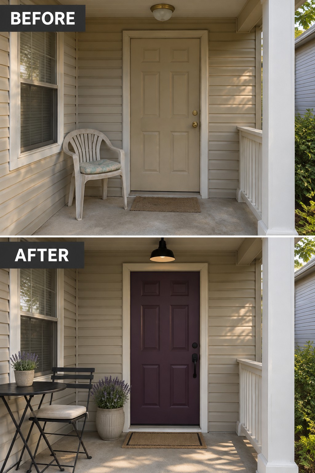 Before and after porch with beige door repainted purple plus new table and plants.