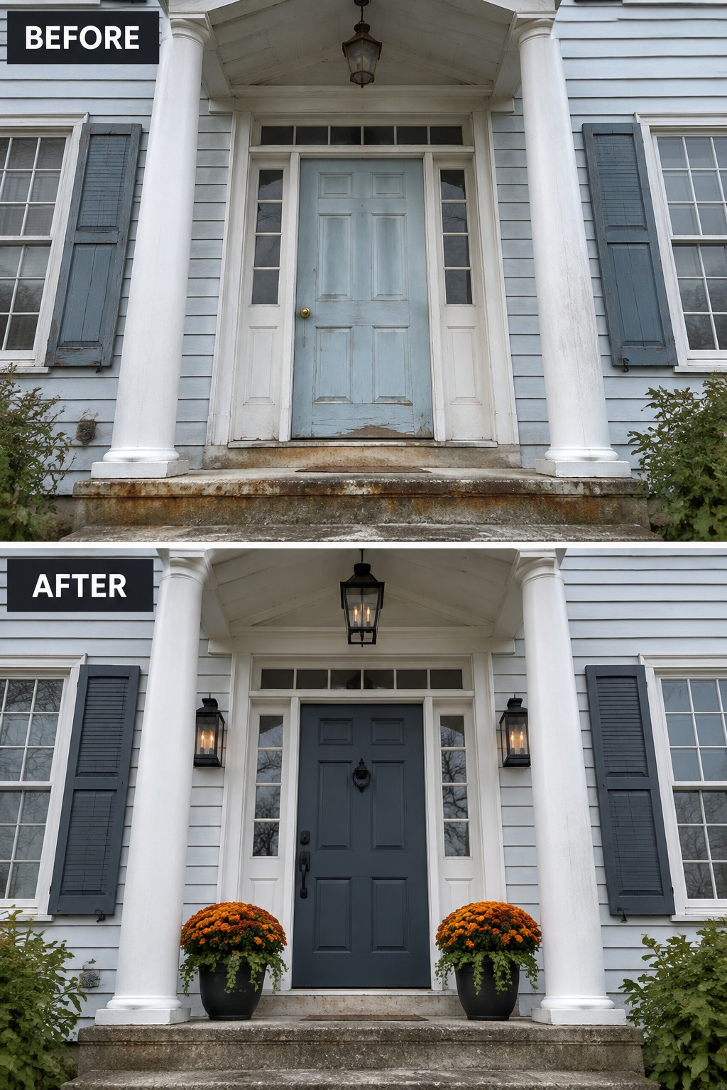 Before and after porch: light blue door repainted dark gray with potted orange flowers.