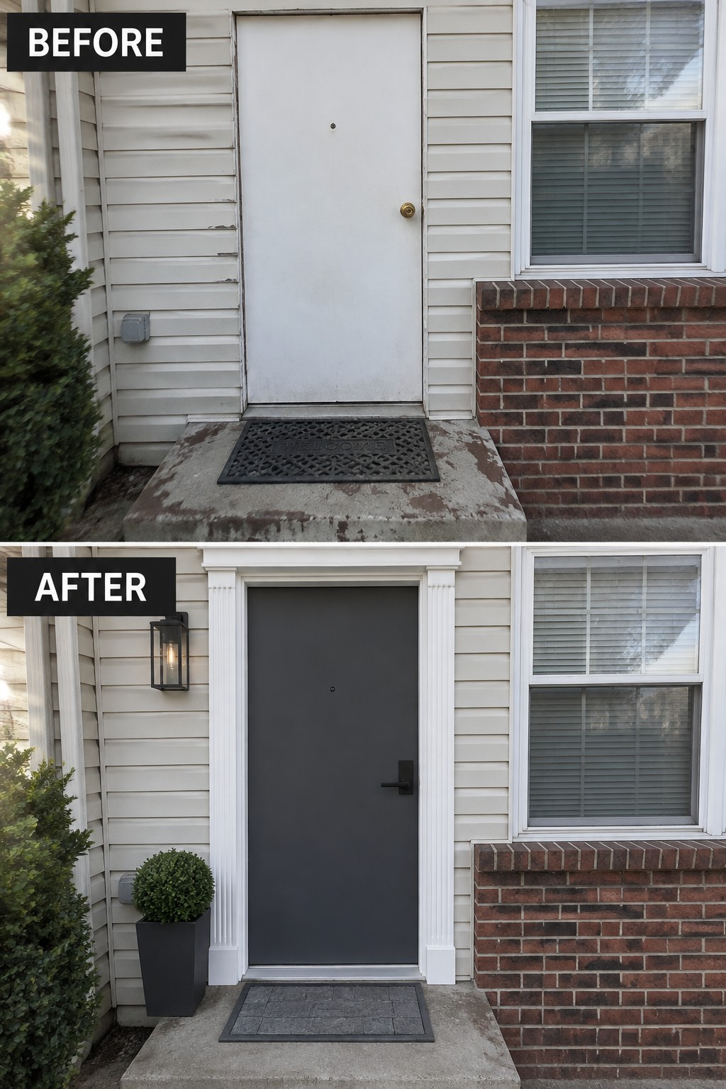 Before-and-after image of a white front door transformed with dark gray paint, added white trim, and a black exterior light.