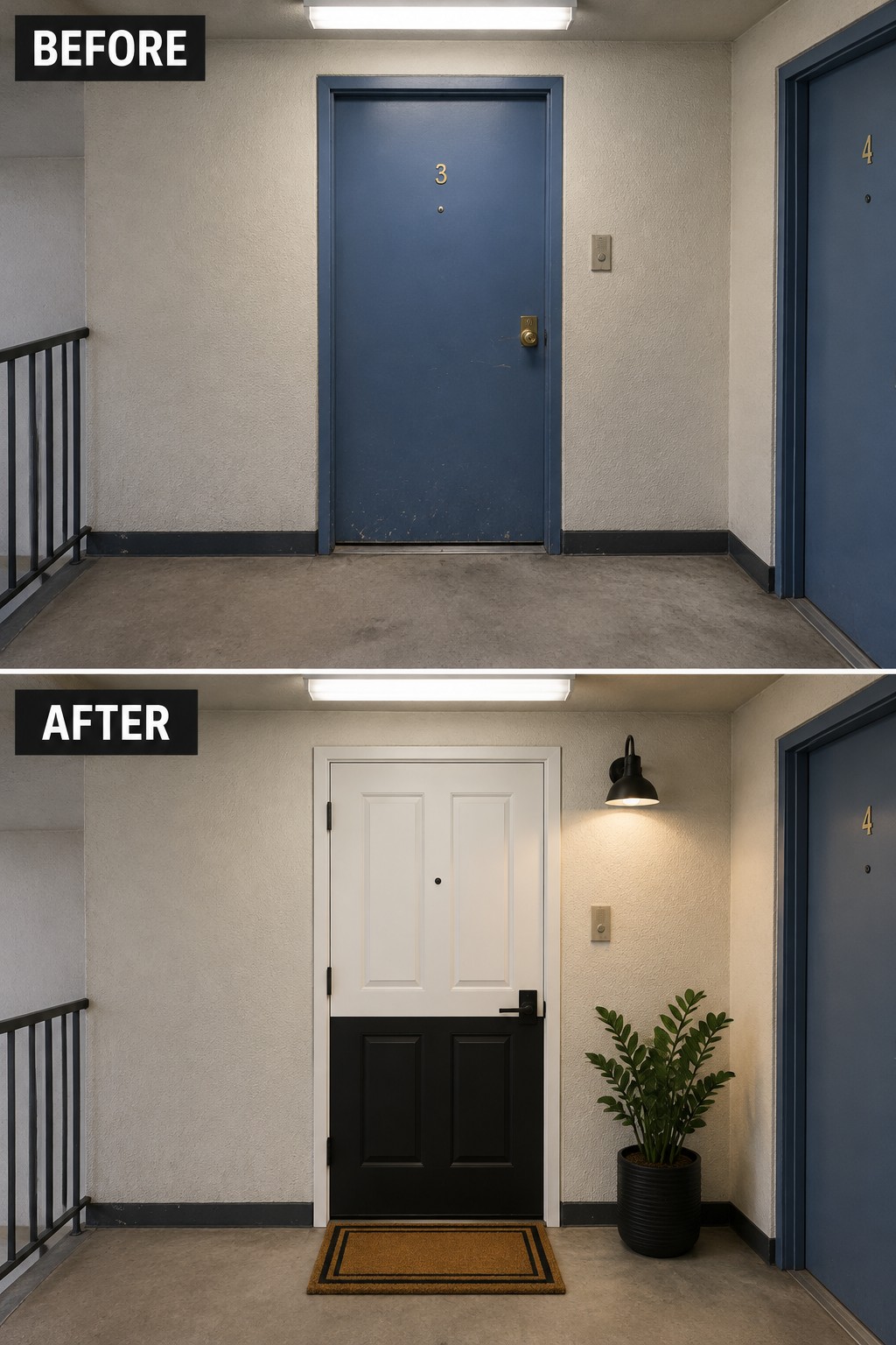 Before and after of blue door 3 changed to white-black door with plant and mat.