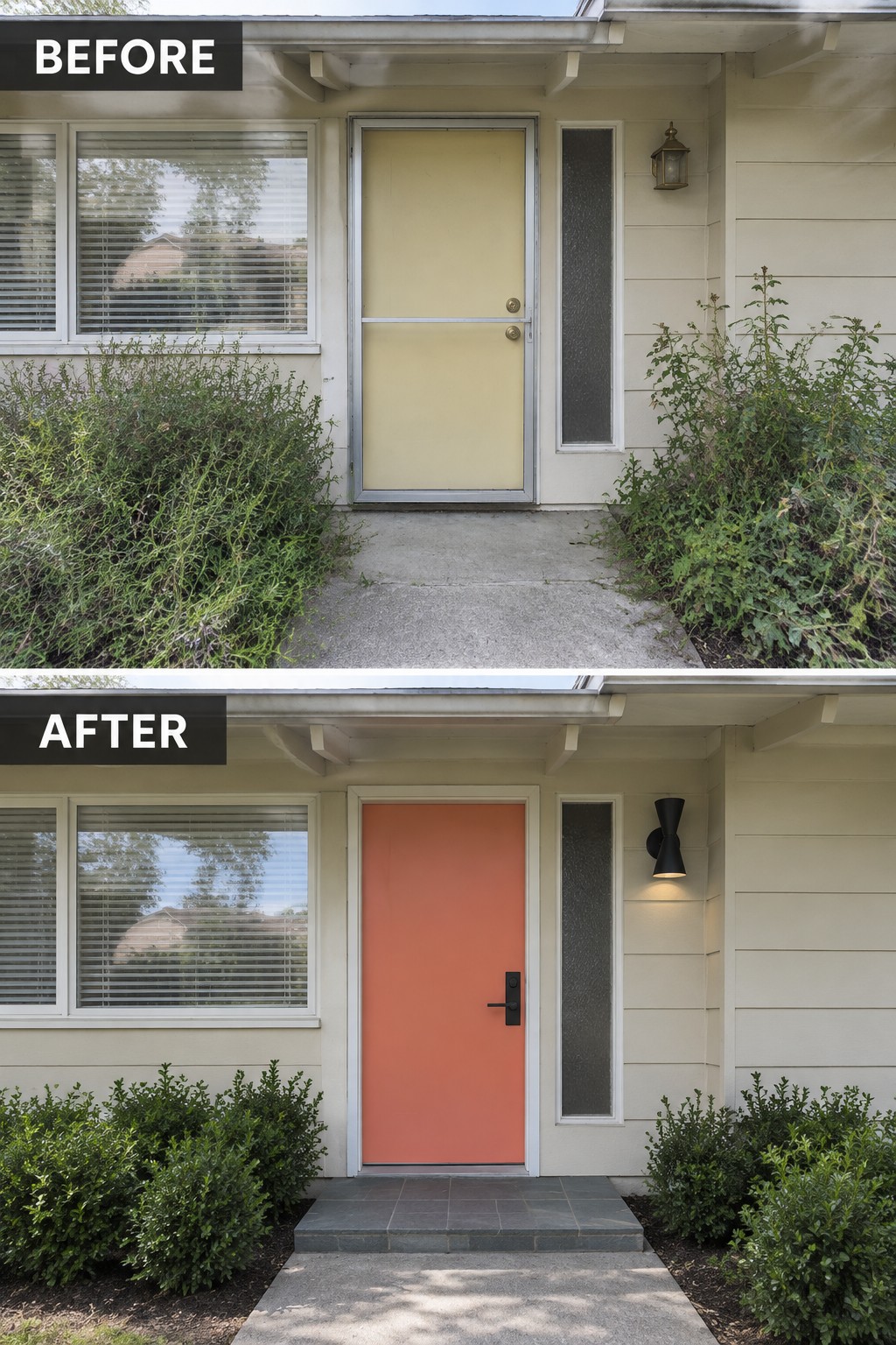 Before and after of front door painted orange with trimmed bushes and new lighting