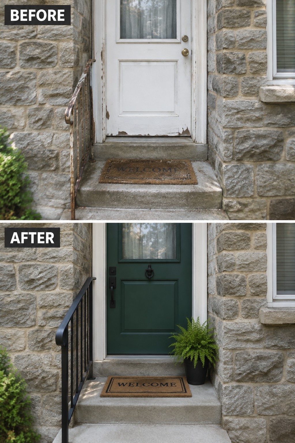 Before-and-after image of a front entry with a worn white door and rusty railing changed to a dark green door with black hardware and a potted fern.