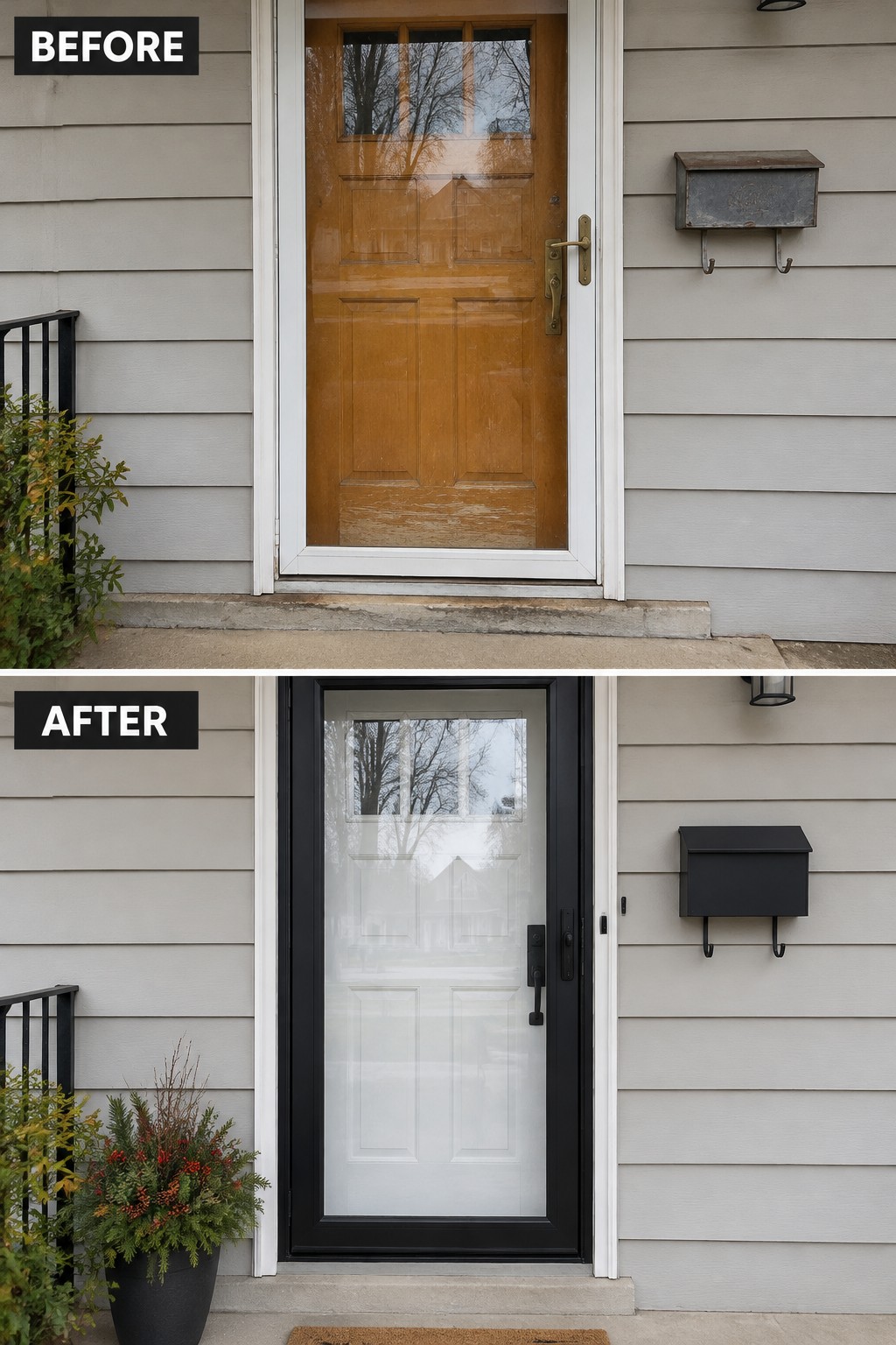 Before-and-after image of a front entry showing an old wooden door replaced with a modern black-framed door and updated black mailbox.