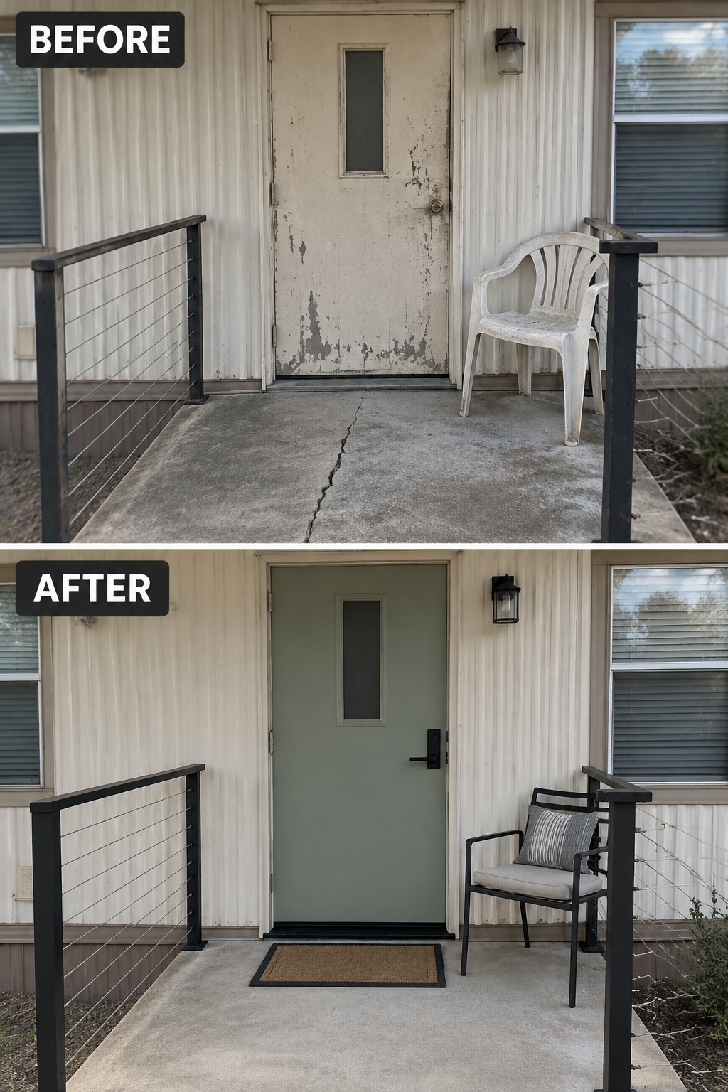 Before and after of cracked porch with peeling door repainted sage green and new modern chair.