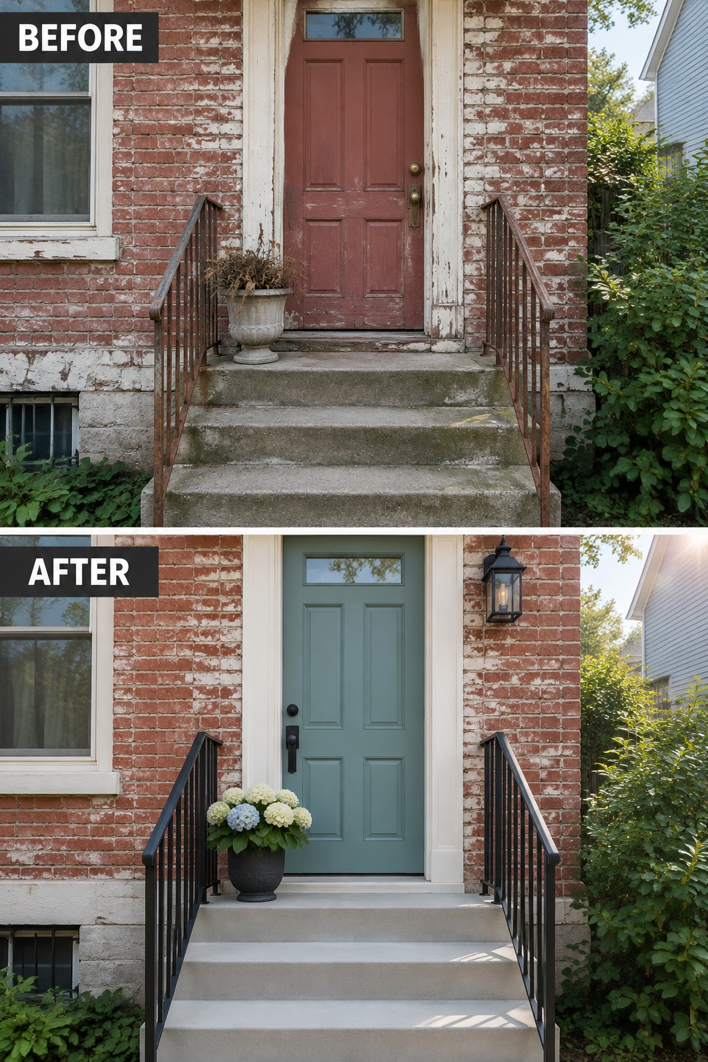 Before-and-after image of a brick house front entry with the door changed from red to teal, railings painted black, and new black hardware added.