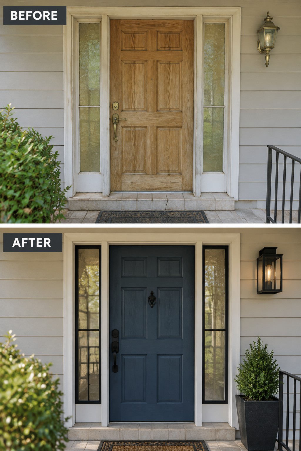Before and after of front door repainted from wood to dark blue with new hardware.