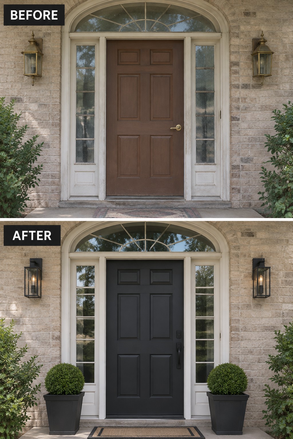 Before-and-after image of a house front door changed from brown to black with updated black hardware, new lanterns, and added planters on either side.