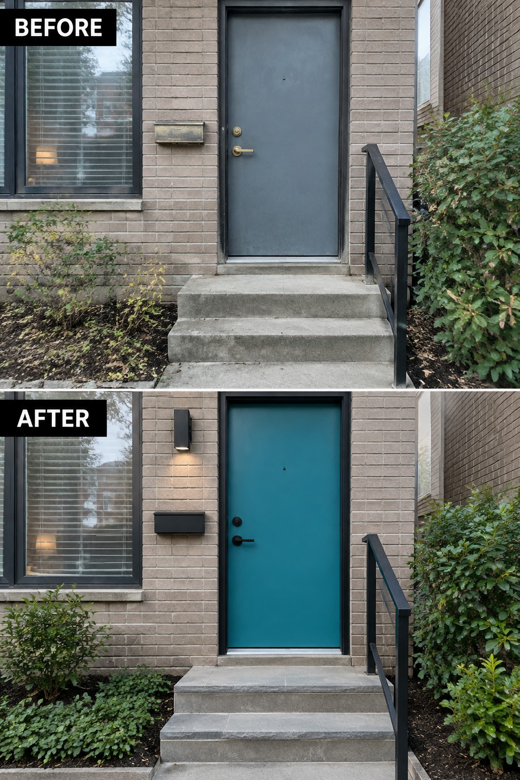 Before-and-after image of a front entry showing a gray door changed to teal with new black hardware, a black mailbox, and an added wall light.