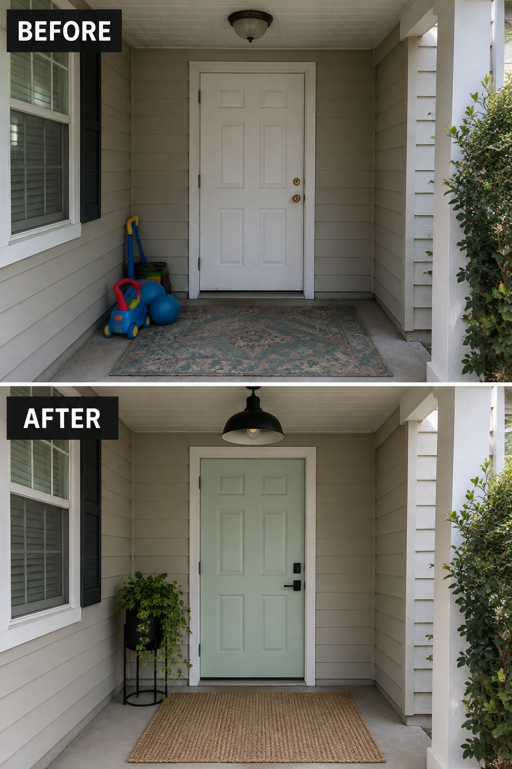 Before and after porch with door repainted white to light green, new rug and lighting.