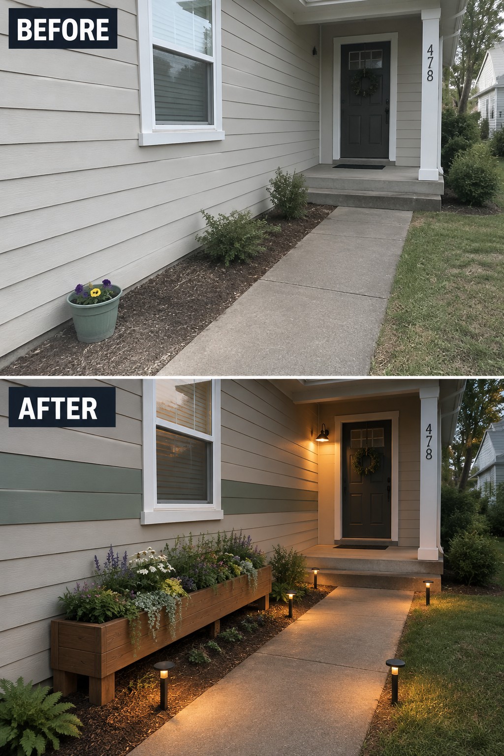 Before and after house entrance with new planter, flowers, and pathway lights