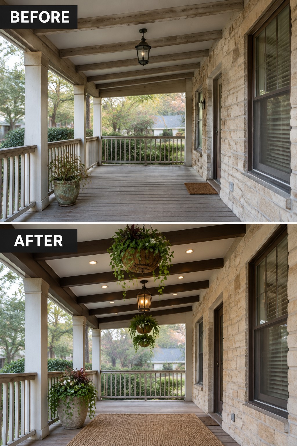 Before-and-after image of a front porch updated with hanging planters, a large woven rug, and added ceiling lights plus a lantern.