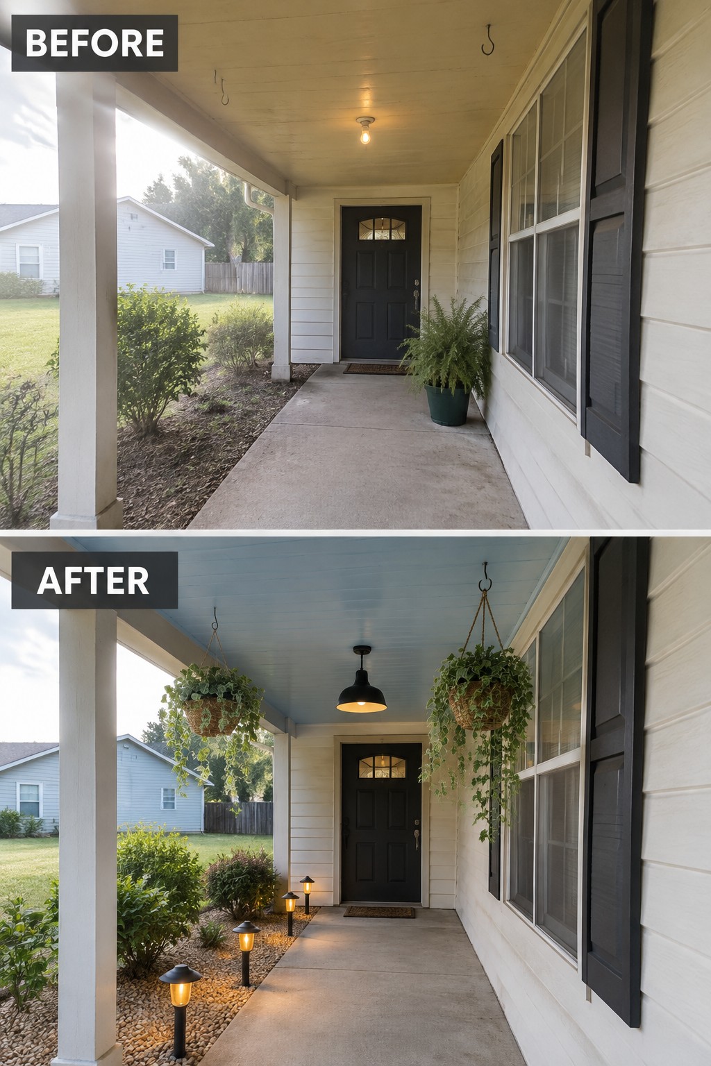 Before-and-after image of a plain front porch updated with hanging planters, a ceiling pendant light, and pathway lights along the planting bed.