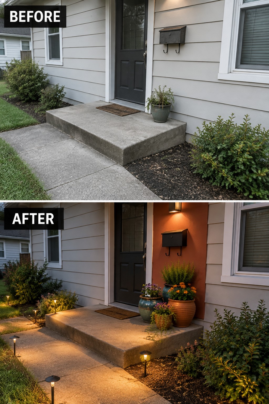 House entrance before and after with pathway lights and colorful potted plants.