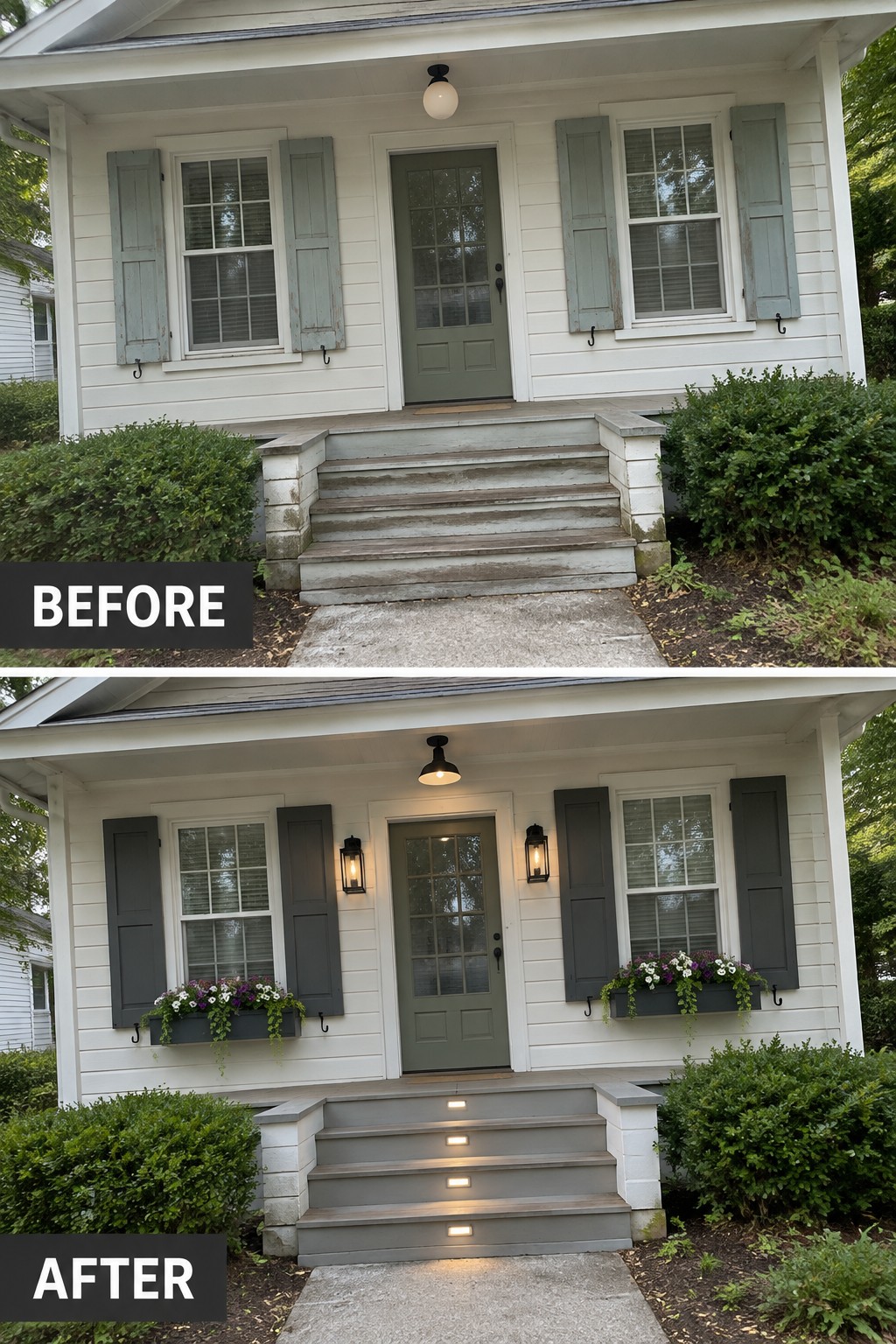 Before and after of white house porch with new dark shutters, flower boxes, and lit steps.