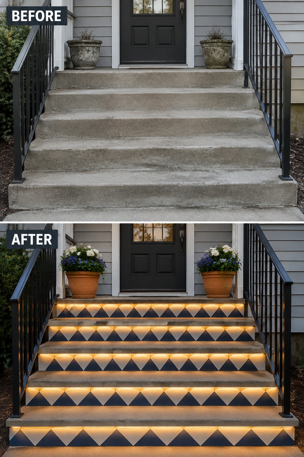 Before-and-after concrete stairs with illuminated black-and-white triangular patterns and flower pots