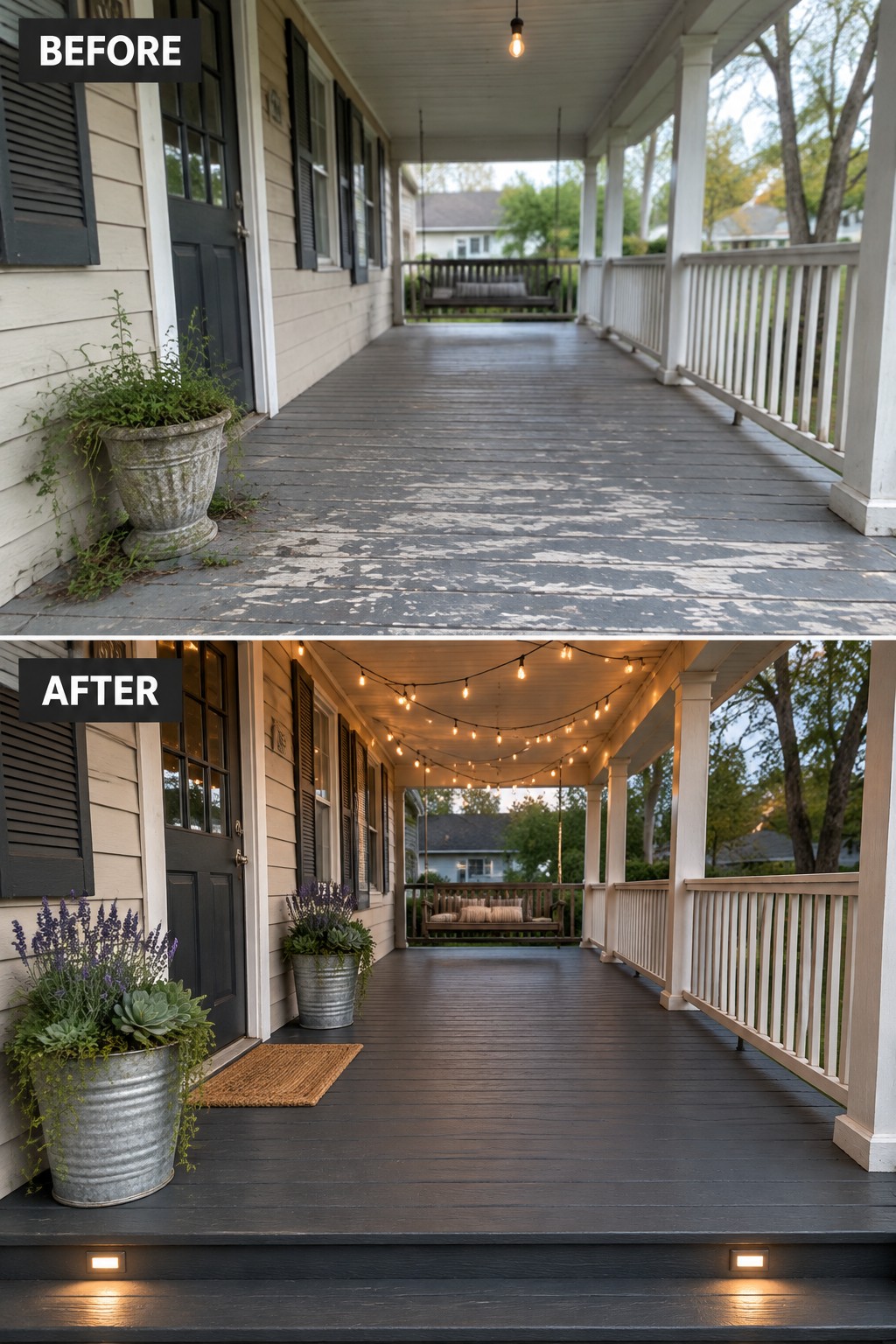 Before-and-after image of a front porch with peeling floor paint updated with a dark stain, string lights, new planters, a rug, and step lights.