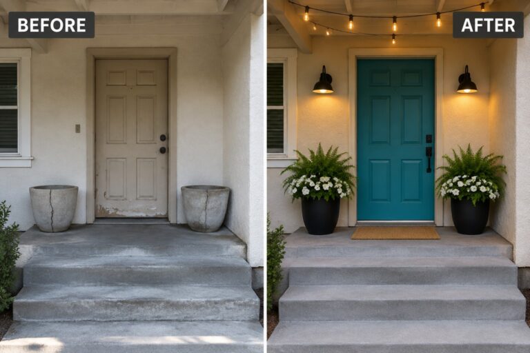 21 Affordable Front Porch Makeovers Using Paint, Planters, and Layered Lighting Before and after of porch with teal door, string lights, and potted ferns
