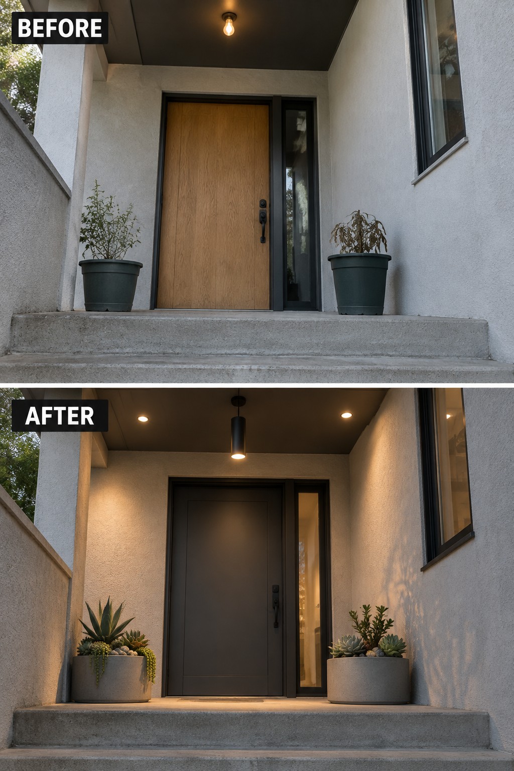 Before and after porch renovation featuring new dark door, modern lighting, and succulent planters