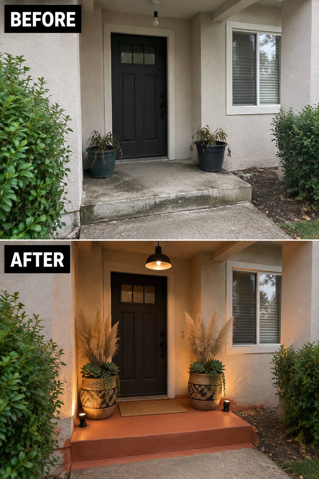 Before and after porch with black door, woven pots, pampas grass, and painted steps