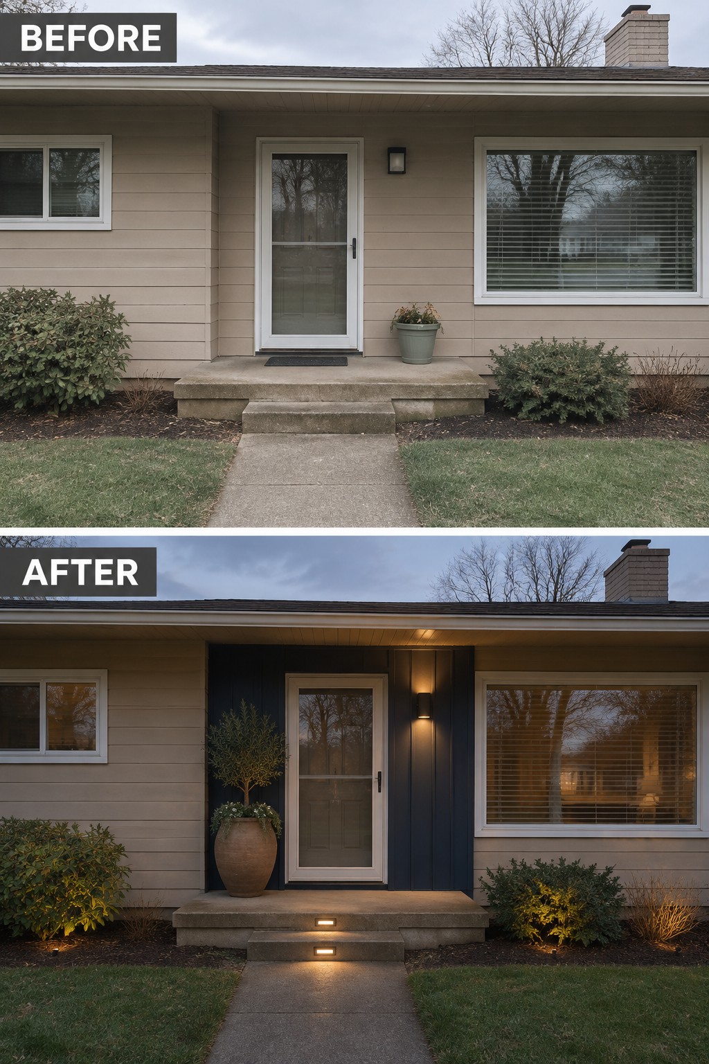 Before and after house entrance with dark blue siding, new lighting and potted plant.