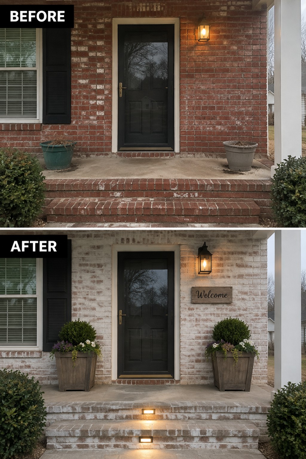 Before-and-after image of a red brick front porch updated with white painted brick, matching wooden planters, a welcome sign, and added step lighting.