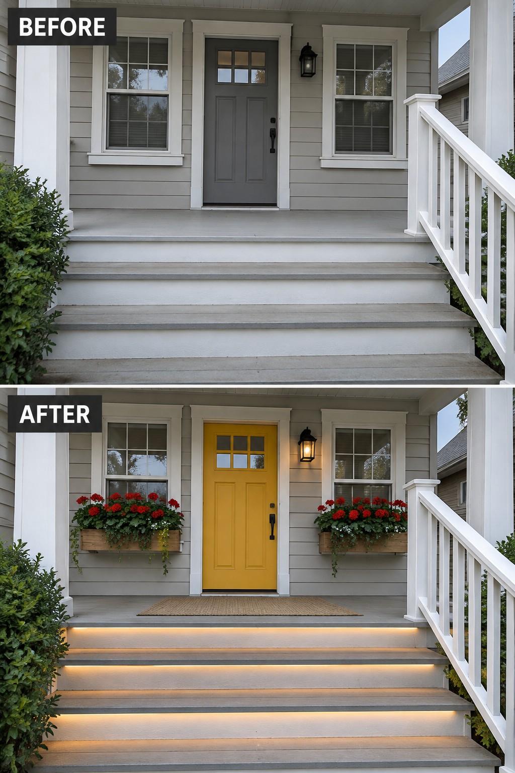 Before-and-after porch with gray door repainted yellow, added flower boxes and lit steps.