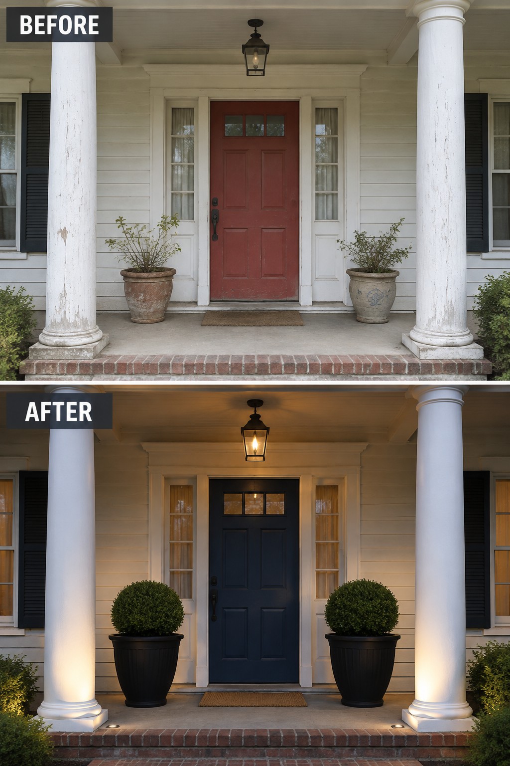 Before-and-after image of a front porch with the door changed from red to navy blue, planters updated to matching black pots, and added lighting on the columns.