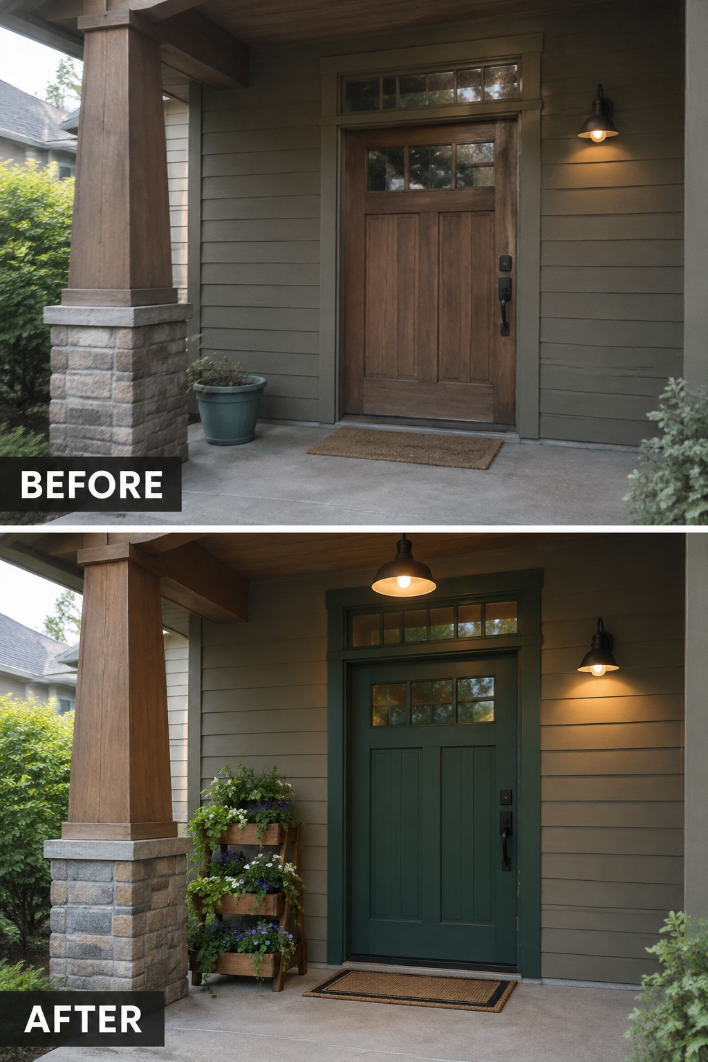 Before-and-after image of a front porch showing the door painted from brown to green, a tiered planter added on the left, and an overhead pendant light installed above the door.
