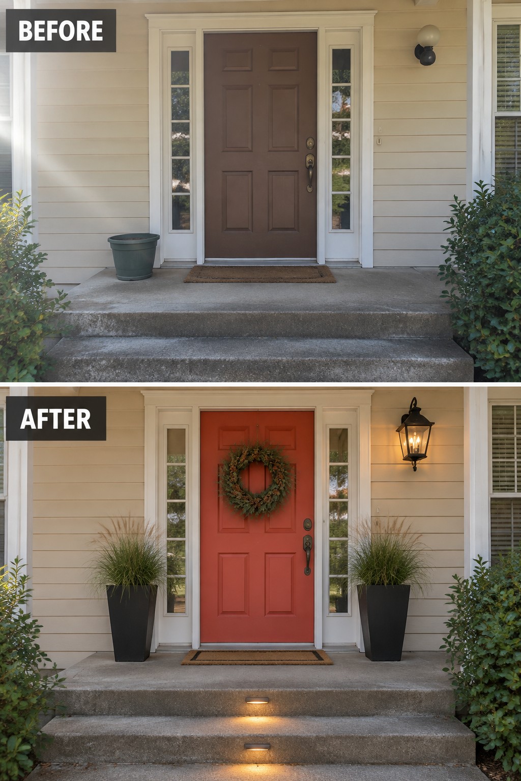 Before-and-after image of a front entry with a brown door changed to a red door, plus added planters, a wreath, and new lighting on the steps and wall.