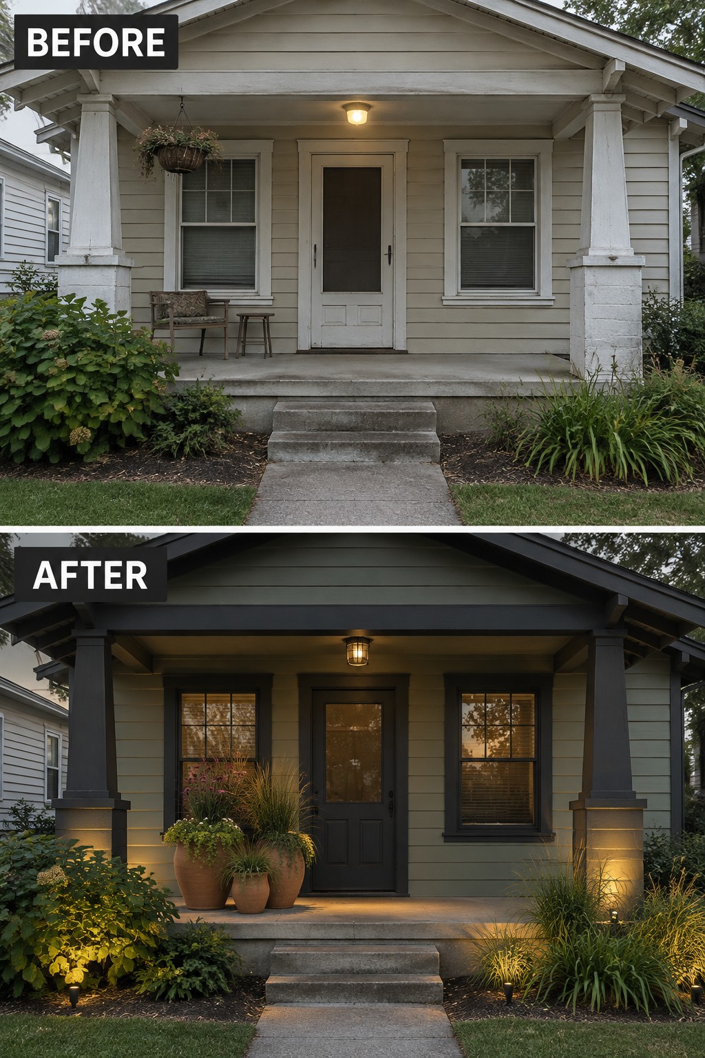 Before and after house porch in dark green with black trim, potted plants and lights.