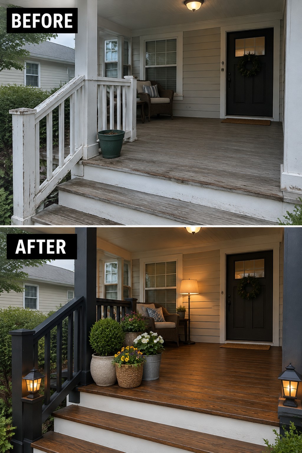Before and after porch renovation with dark railings, stained deck and potted plants