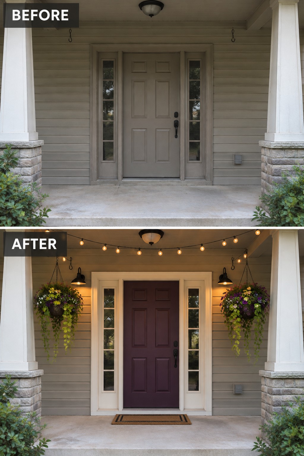 Before and after porch with purple door, string lights, hanging flower baskets, and doormat.