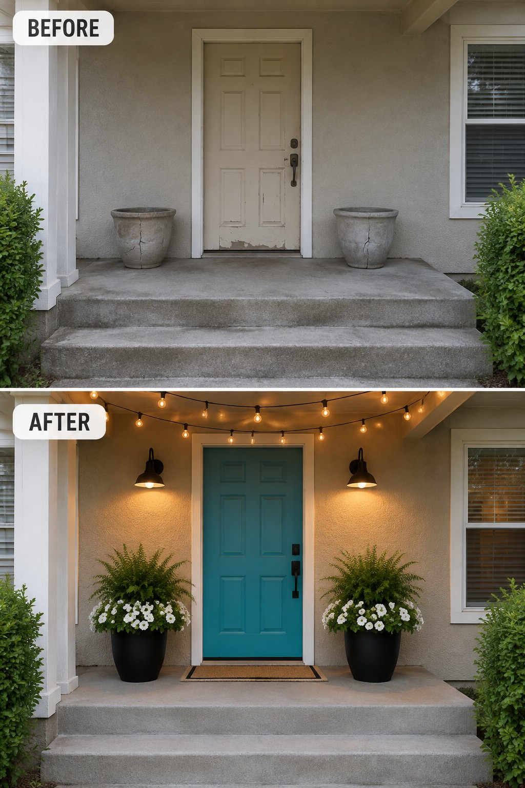 Before and after of porch with teal door, string lights, and potted ferns