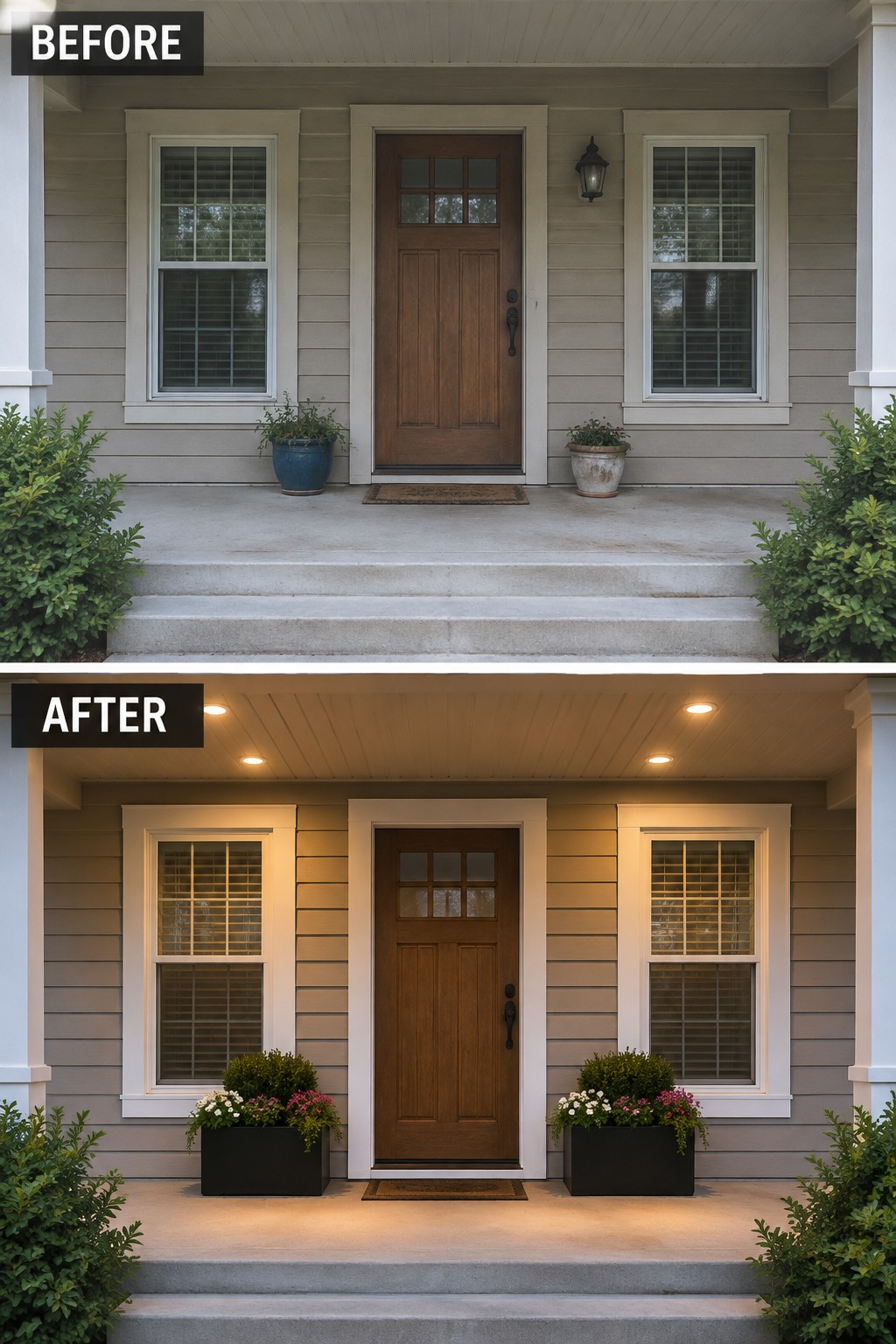 Before-and-after porch views with brown door, new black planters, and added ceiling lights.