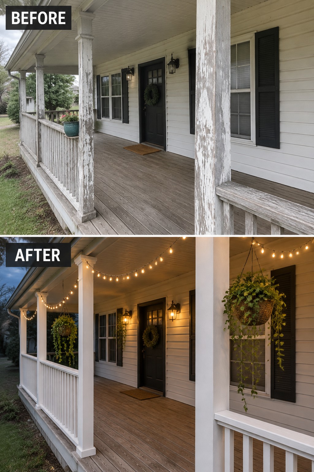 Before-and-after image of a front porch updated with string lights and hanging plants to create a cozy evening setting.