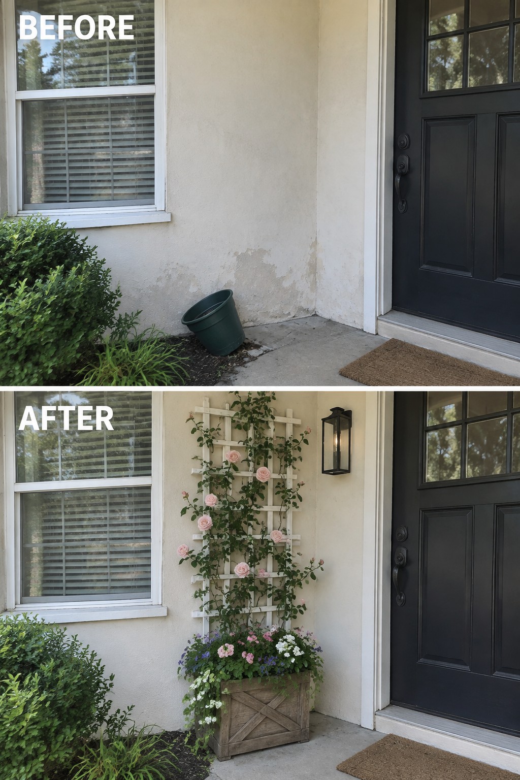 Before and after of entryway with rose-covered trellis and flower-filled wooden planter added