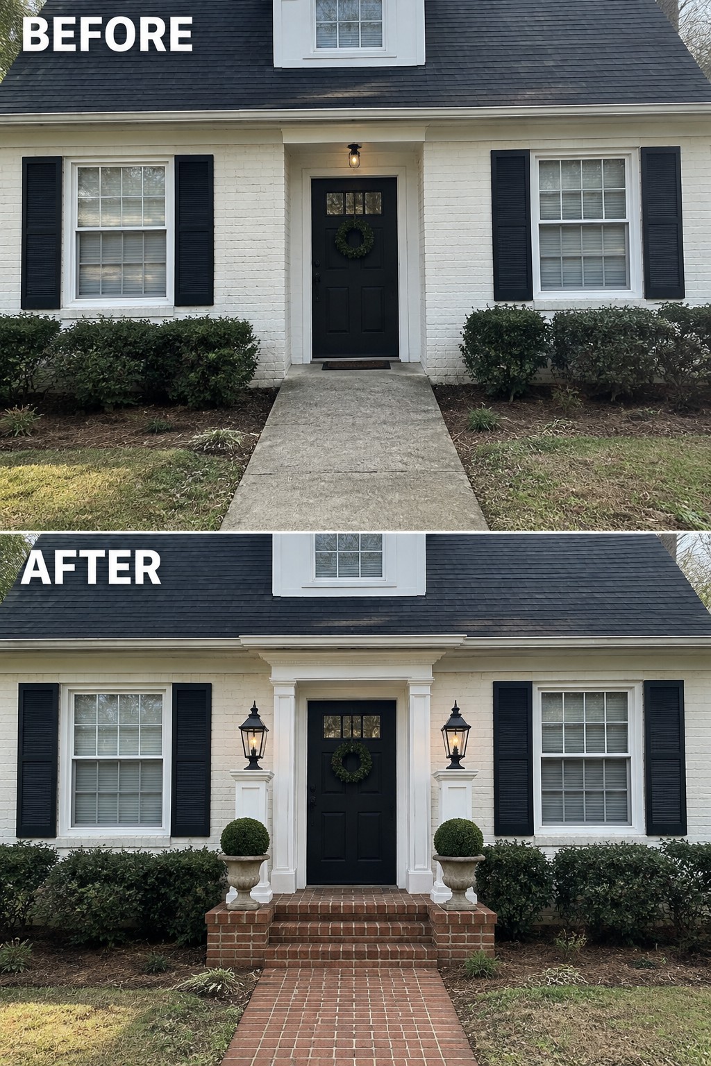 Before and after of white brick house with renovated brick steps, columns and lanterns.