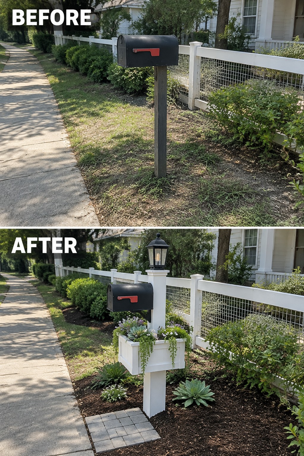 Before and after of black mailbox on white post with lantern and flower box
