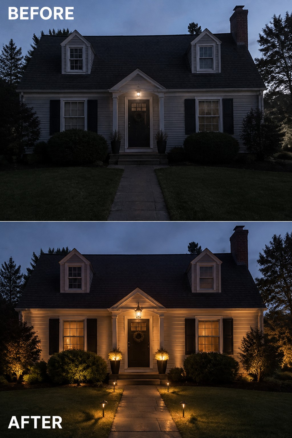 House at dusk before and after adding warm pathway, porch, and landscape lighting