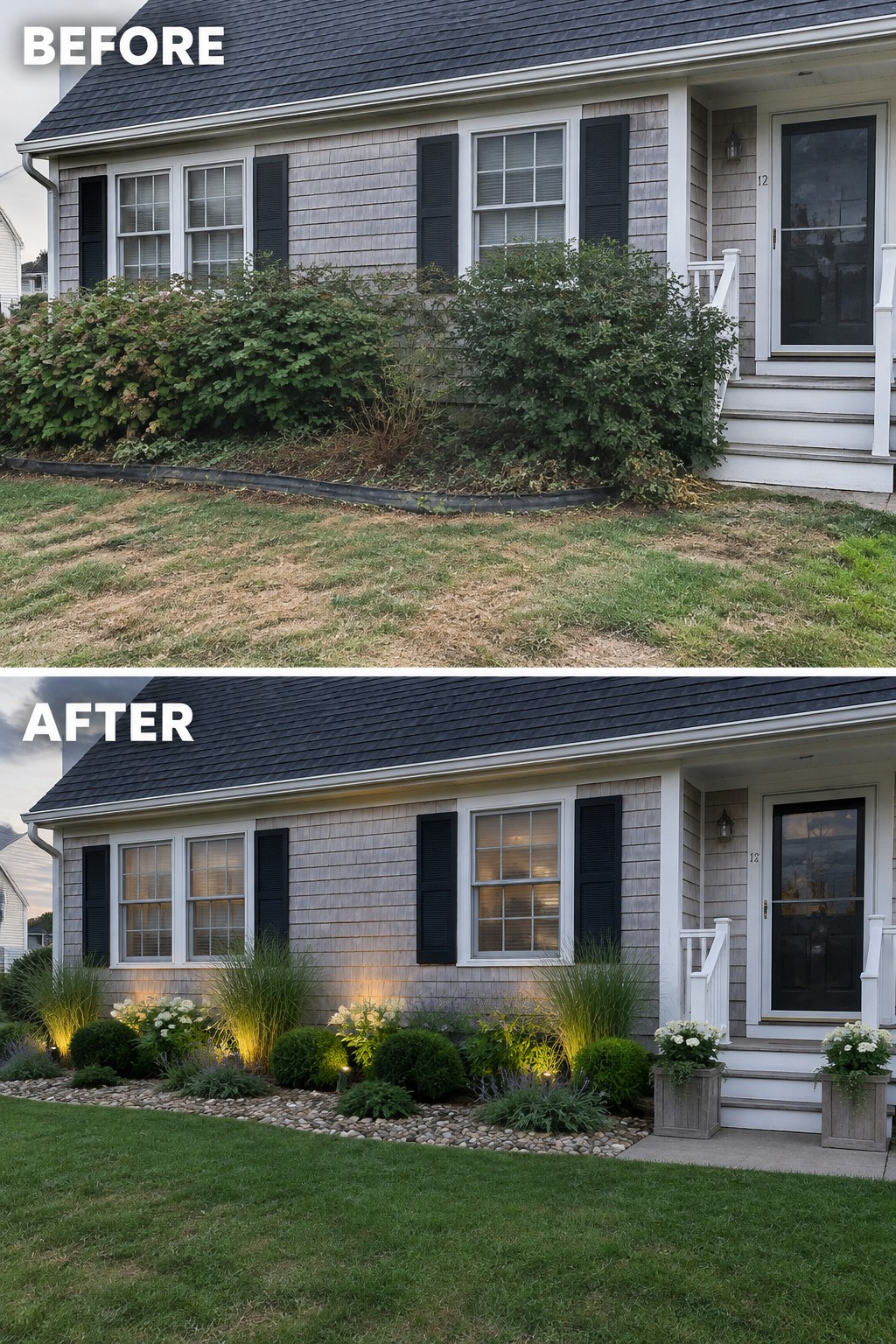 Before-and-after view of gray house with overgrown bushes transformed into lit landscaped garden.