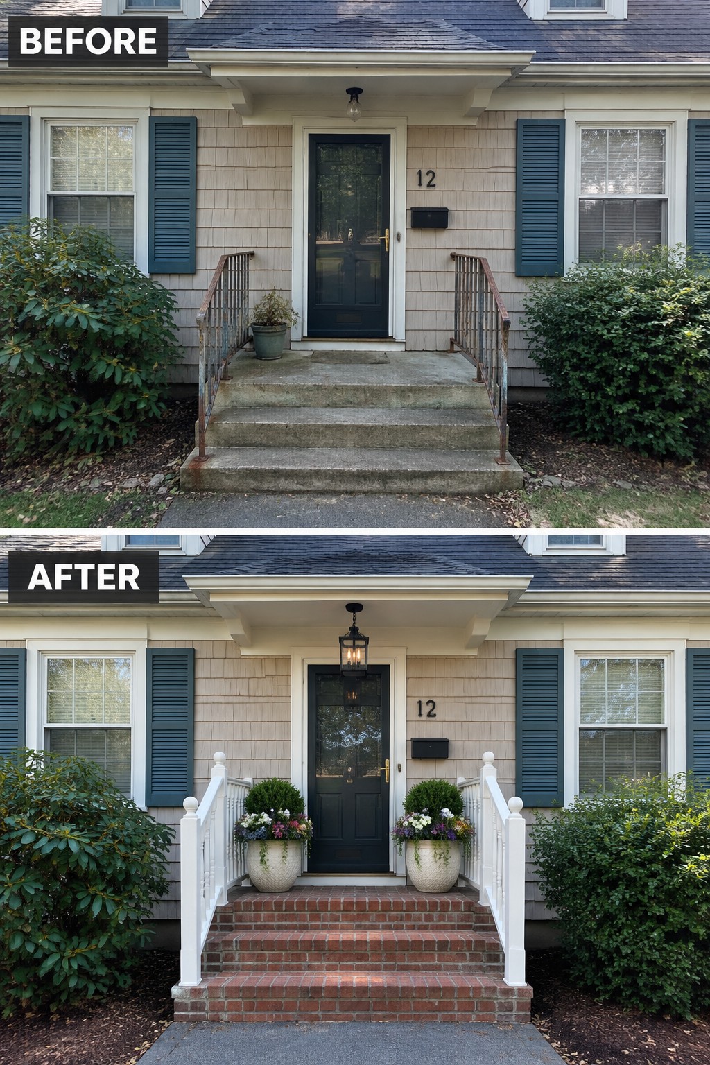 Before and after of front entrance with brick stairs, white railings, and flower pots