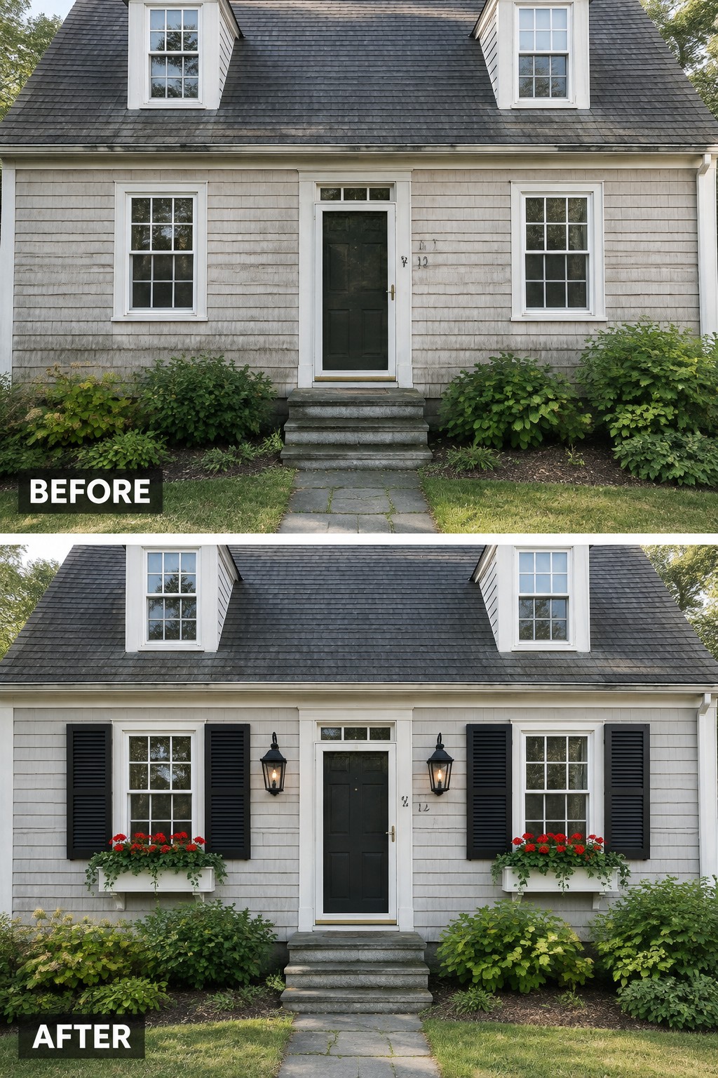 Before-and-after image of a Cape Cod house exterior updated with black shutters on the windows, white flower boxes with red blooms, and black lantern lights flanking the front door.