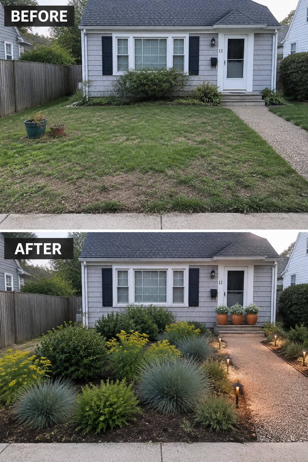 Before and after views of a house front yard with new landscaping and path lights.